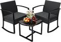 3 Pieces Outdoor Furniture Set, Patio Bistro Rocking Chairs with Glass Coffee Table for Pool, Beach, Backyard, Balcony, Porch, Deck, Garden, Black