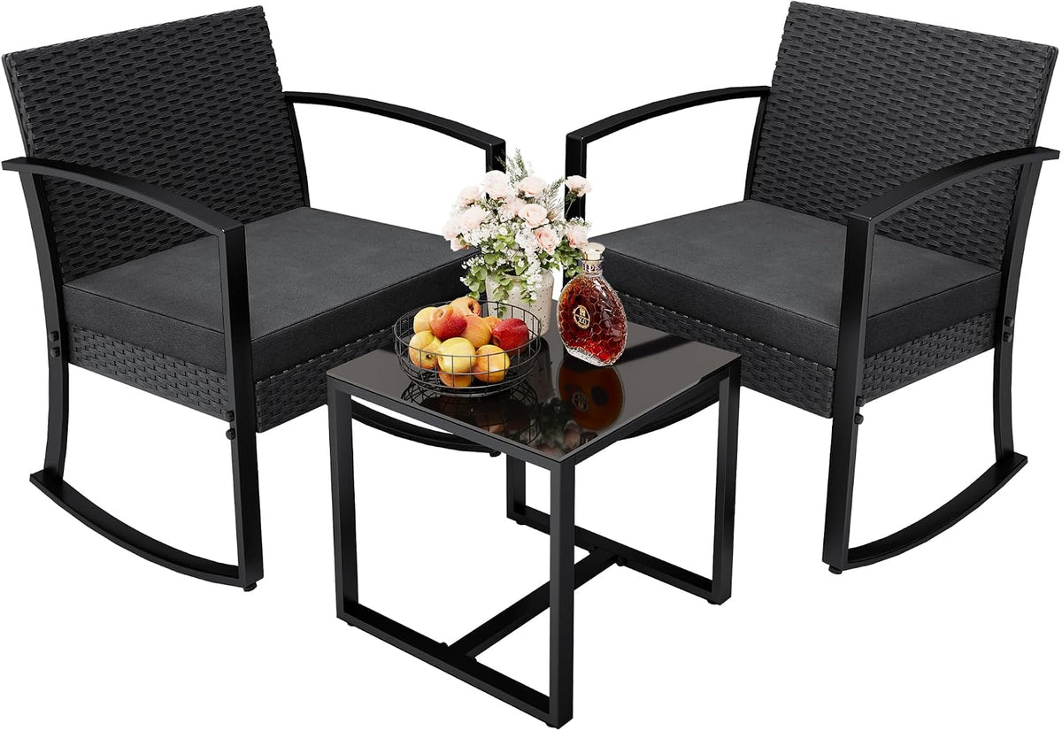 3 Pieces Outdoor Furniture Set, Patio Bistro Rocking Chairs with Glass Coffee Table for Pool, Beach, Backyard, Balcony, Porch, Deck, Garden, Black