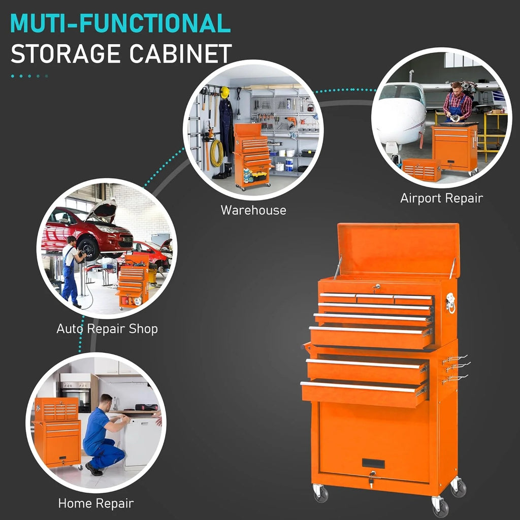 SUNCROWN 2-IN-1 Tool Chest, 8-Drawer Rolling Tool Chest with Hooks and Lockable Wheels,Metal Storage Detachable Top Tool Box with Lockable Wheels for Garage, Workshop, Art Studio(Black)