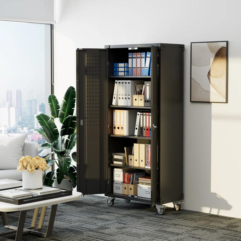GangMei 71 Inches Tall Metal Garage Storage Cabinets with 5 Adjustable Shelves & Pegboards, Lockable Steel Black Storage Cabinet with Doors for Office, Home, School, Shops, Garage, Assembly required