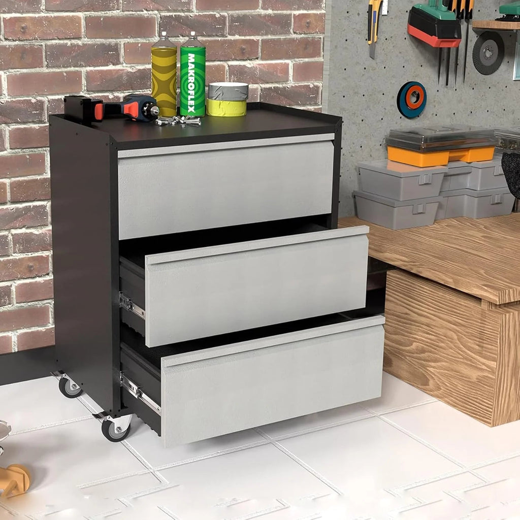 Metal Storage Cabinet with Wheels, Rolling Tool Cabinet, Garage Storage Cabinet with 3 Drawer for Tools