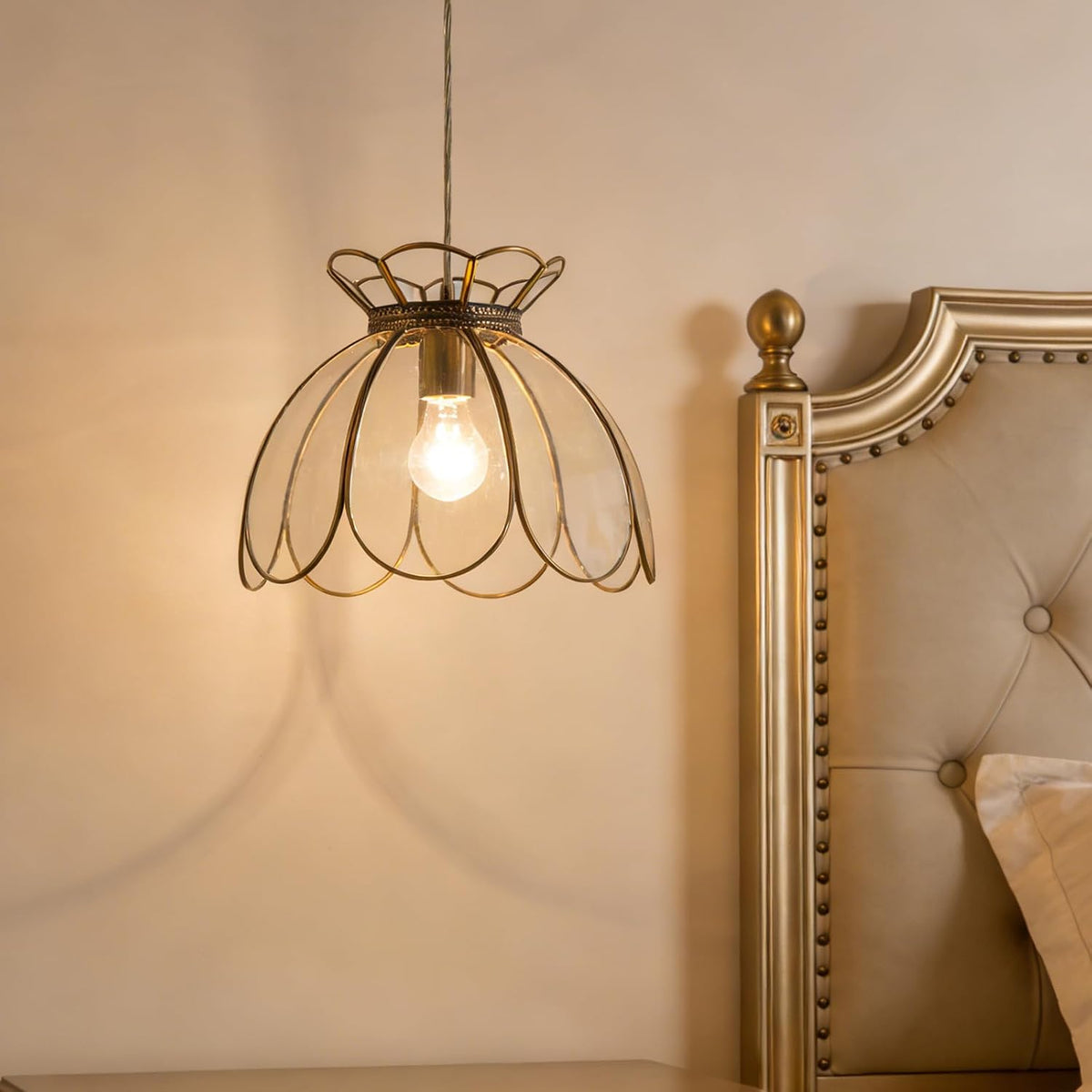 Brass Glass Ceiling Pendant Light, Hanging Lamp with Vintage Lotus Flower Glass Shade for Kitchen Island Dining Room Entryway Living Room-12inches Clear Large Shade