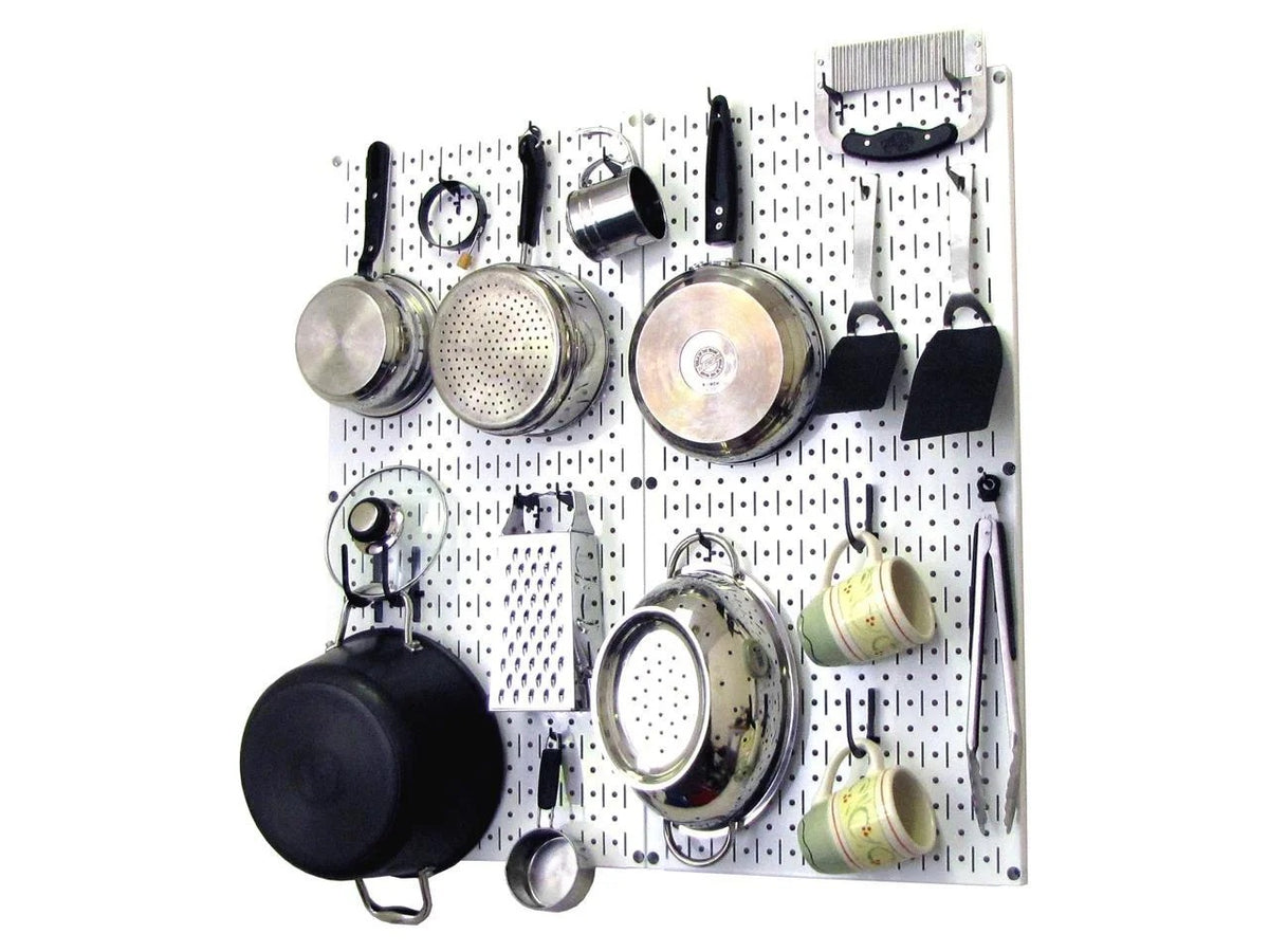 Wall Control Kitchen Pegboard Organizer Pots and Pans Pegboard Pack Storage and Organization Kit with White Pegboard and Black Accessories