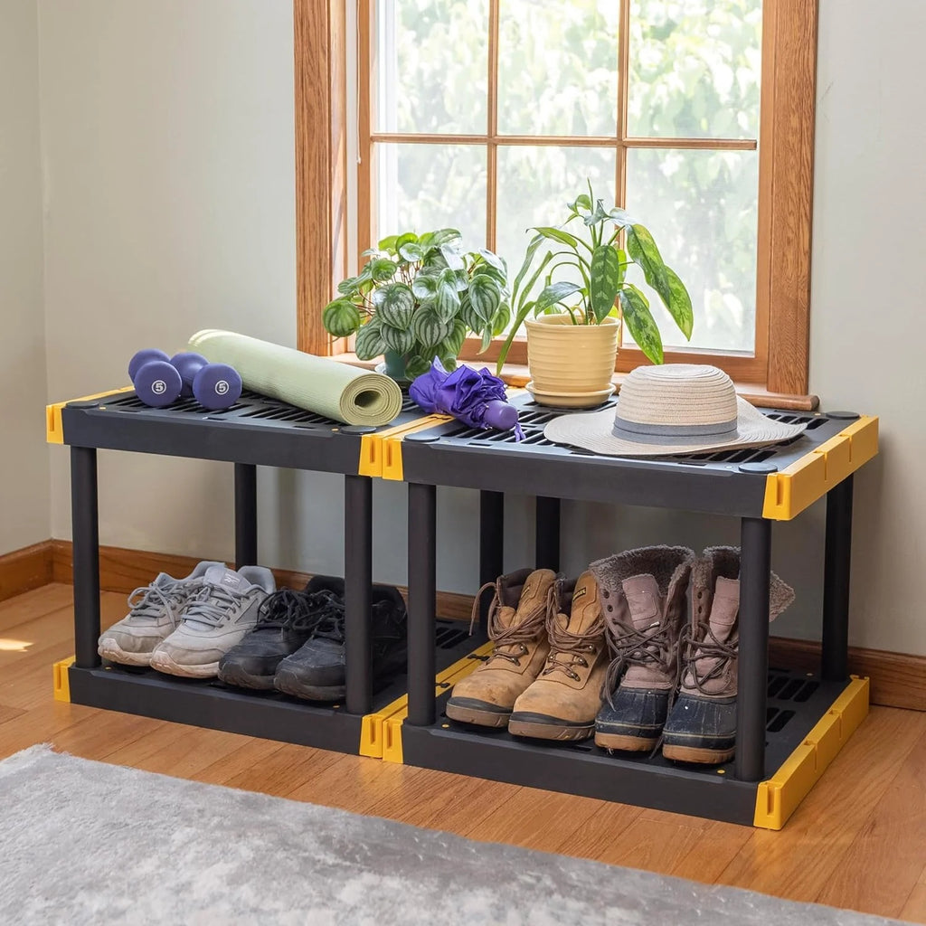 BLACK & YELLOW 4-Tier Heavy Duty Plastic Storage Shelving Unit, 100lbs/shelf (55"H x 24"W x 20"D), for Indoor/Outdoor Organization, Modular Rack, Extremely Durable, Made in The USA