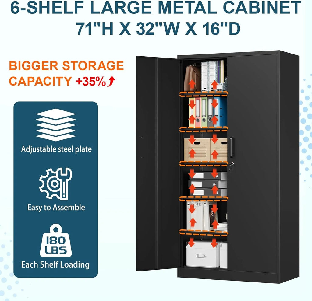MIIIKO Metal Storage Cabinet with Locking Doors, Black Garage Lockable Steel Cabinets with 4 Doors and 5 Shelves for Home, Garage, Pantry Workshop Warehouse