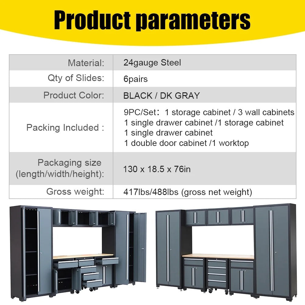 HPDMC Garage Storage Cabinet System 9-Pcs Workshop Set Metal Garage Cabinets and Storage System with Steel Cabinet Drawers, Rolling Chest, Workbench, Pegboard for Garage Tool Organization