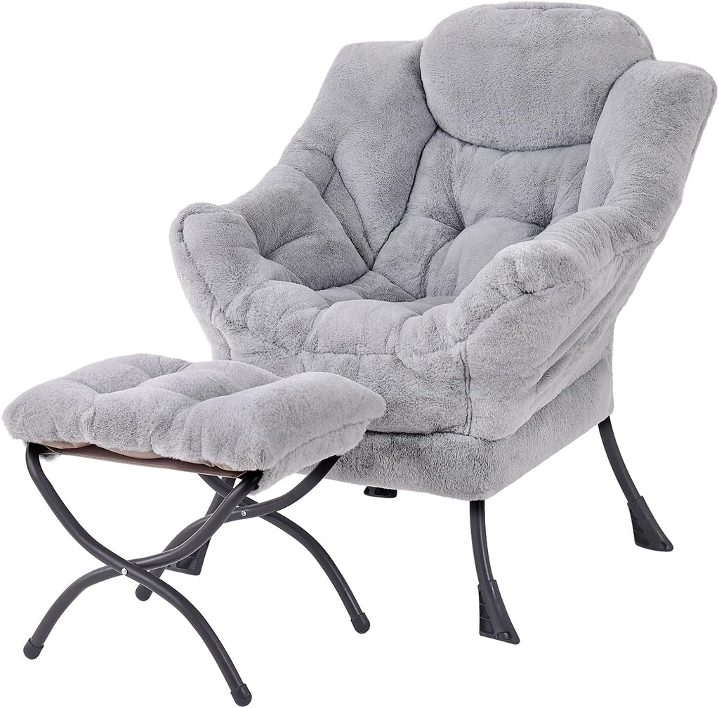 Lazy Chair with Ottoman, Reading Chair with Footrest, Dark Grey