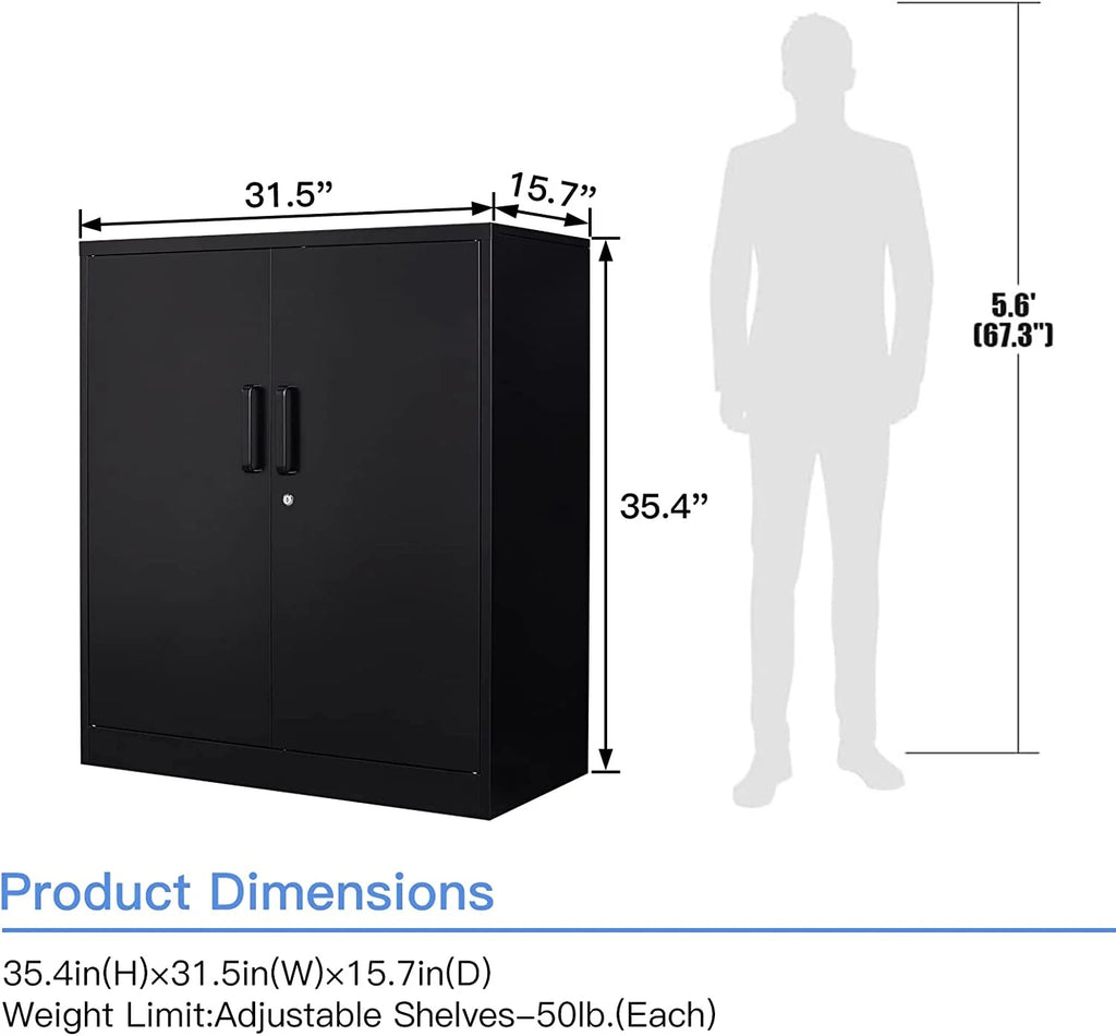 Metal Garage Storage Cabinet with 2 Doors and 2 Adjustable Shelves - 35.5" Steel Lockable File Locking Counter Cabinet for Home Office,Gym,School-Black-