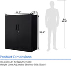 Metal Garage Storage Cabinet with 2 Doors and 2 Adjustable Shelves - 35.5" Steel Lockable File Locking Counter Cabinet for Home Office,Gym,School-Black-