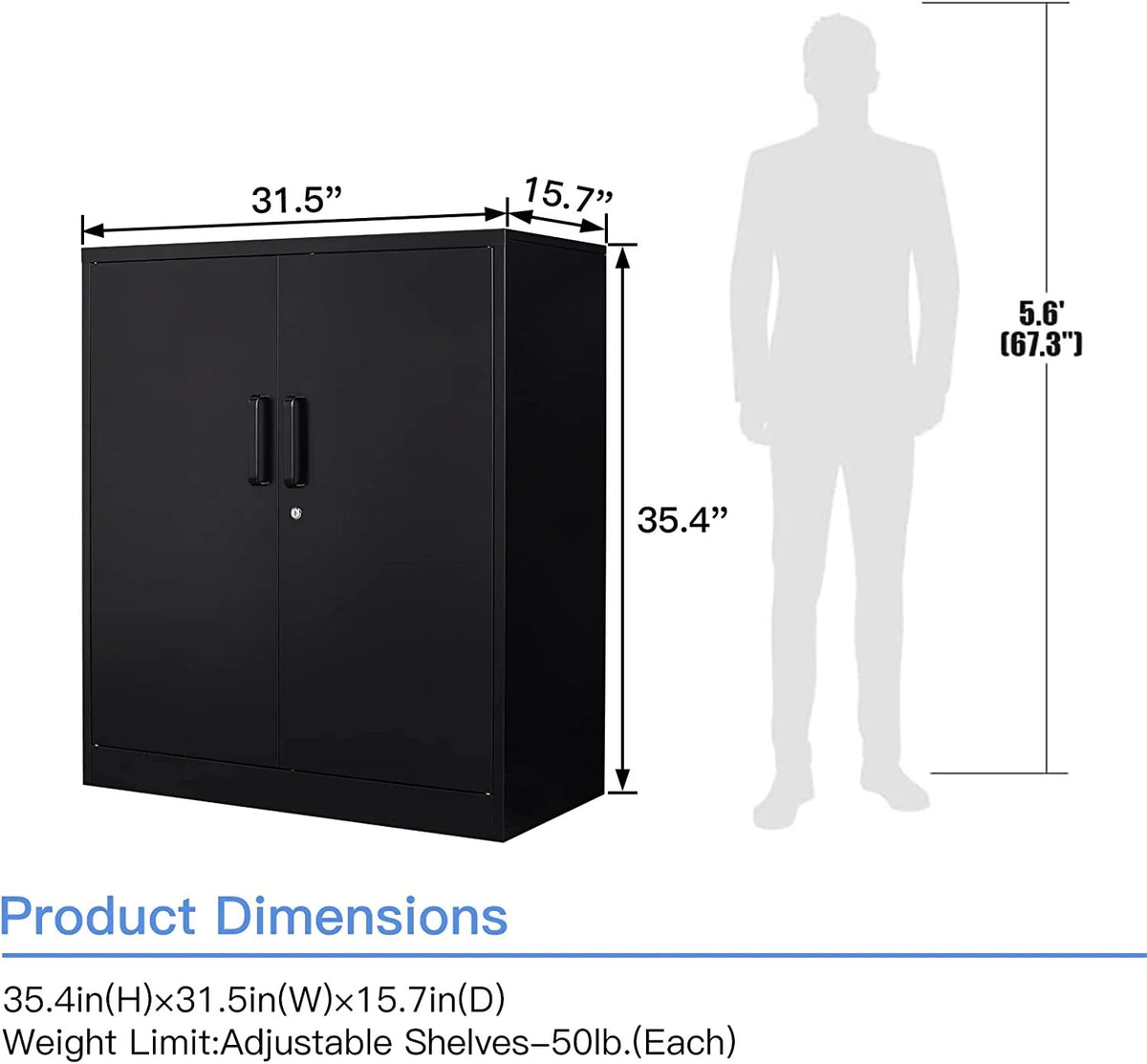 Metal Garage Storage Cabinet with 2 Doors and 2 Adjustable Shelves - 35.5" Steel Lockable File Locking Counter Cabinet for Home Office,Gym,School-Black-