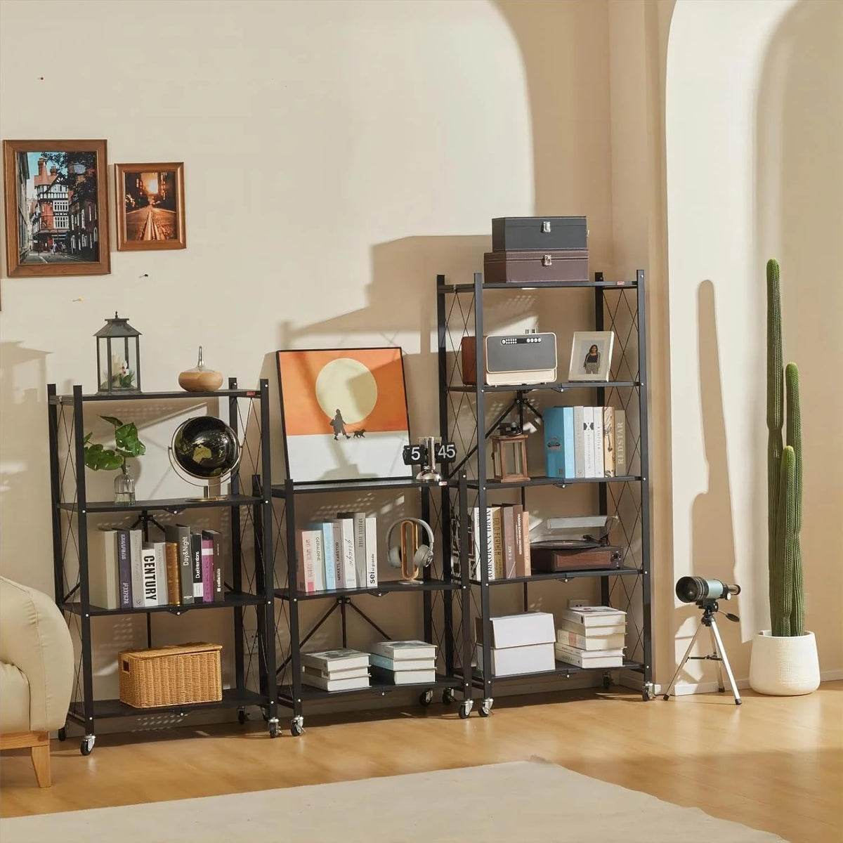 4 Tier Foldable Storage Shelves with Wheels, Large Capacity Shelving Unit, Freestanding Metal Wire Shelf Rack, No Assembly Organizer Rack for Garage Kitchen, Basement, Pantry(Black)