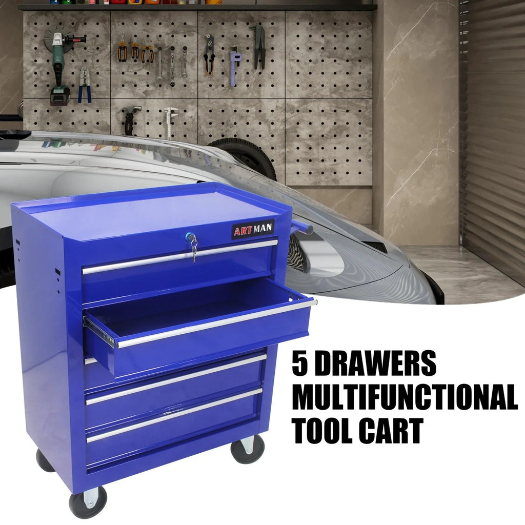5-Drawer Rolling Tool Chest, Metal Tool Storage Organizer Cart with Locking System and Wheels, Multifunctional Mechanic Tool Cart for Garage, Warehouse, Workshop, Repair Shop, Red