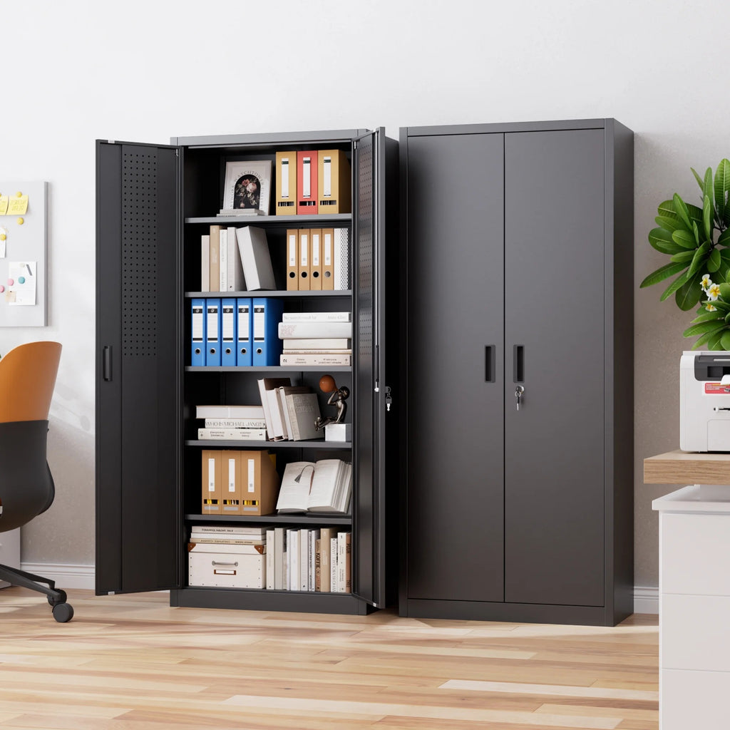 Aobabo Metal Storage Cabinet with Lock & Pegboard,Garage Storage Cabinet with 5 Adjustable Shelves,Tool Storage Cabinets for Home Office Garage,Assembly Required,Black