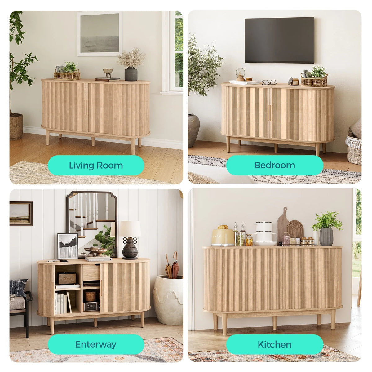 LINSY HOME Fluted Pantry Storage Cabinet, Kitchen Cabinets with Sliding Tambour Door, Wide Storage Cabinet with Removable & Adjustable Shelves for Dining Room, Living Room, Bathroom, Oak