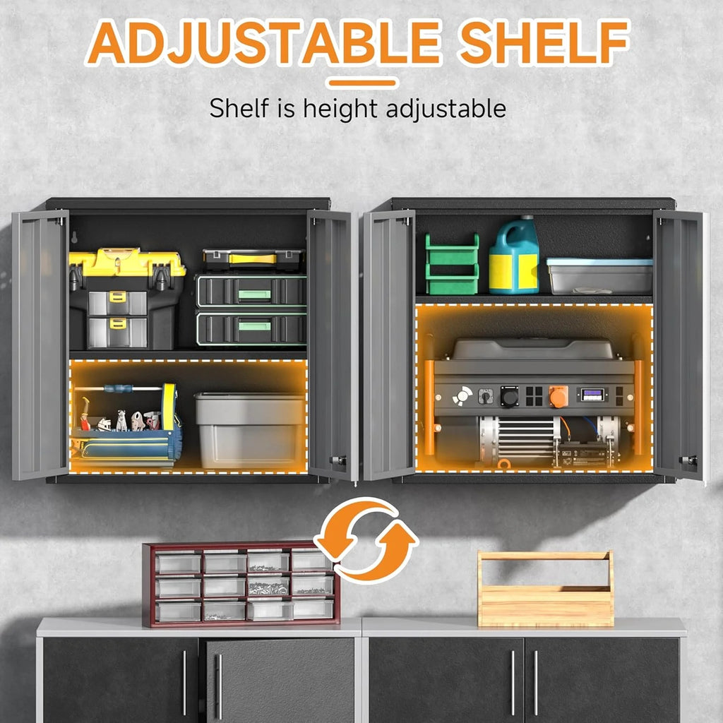 Metal Garage Wall Cabinet with Doors and Adjustable Shelf,Lockable Floating Tool Cabinet with Pegboard,Steel Storage Cabinet for Kitchen,Office,Garage,Laundry,Warehouse(Black&Gray, 26" H)