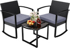 3 Pieces Outdoor Furniture Set, Patio Bistro Rocking Chairs with Glass Coffee Table for Pool, Beach, Backyard, Balcony, Porch, Deck, Garden, Black