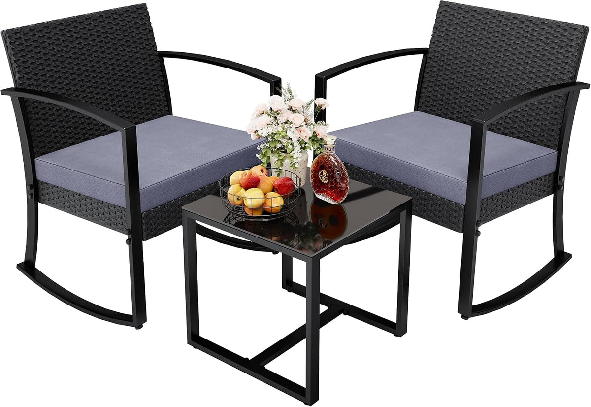 3 Pieces Outdoor Furniture Set, Patio Bistro Rocking Chairs with Glass Coffee Table for Pool, Beach, Backyard, Balcony, Porch, Deck, Garden, Black