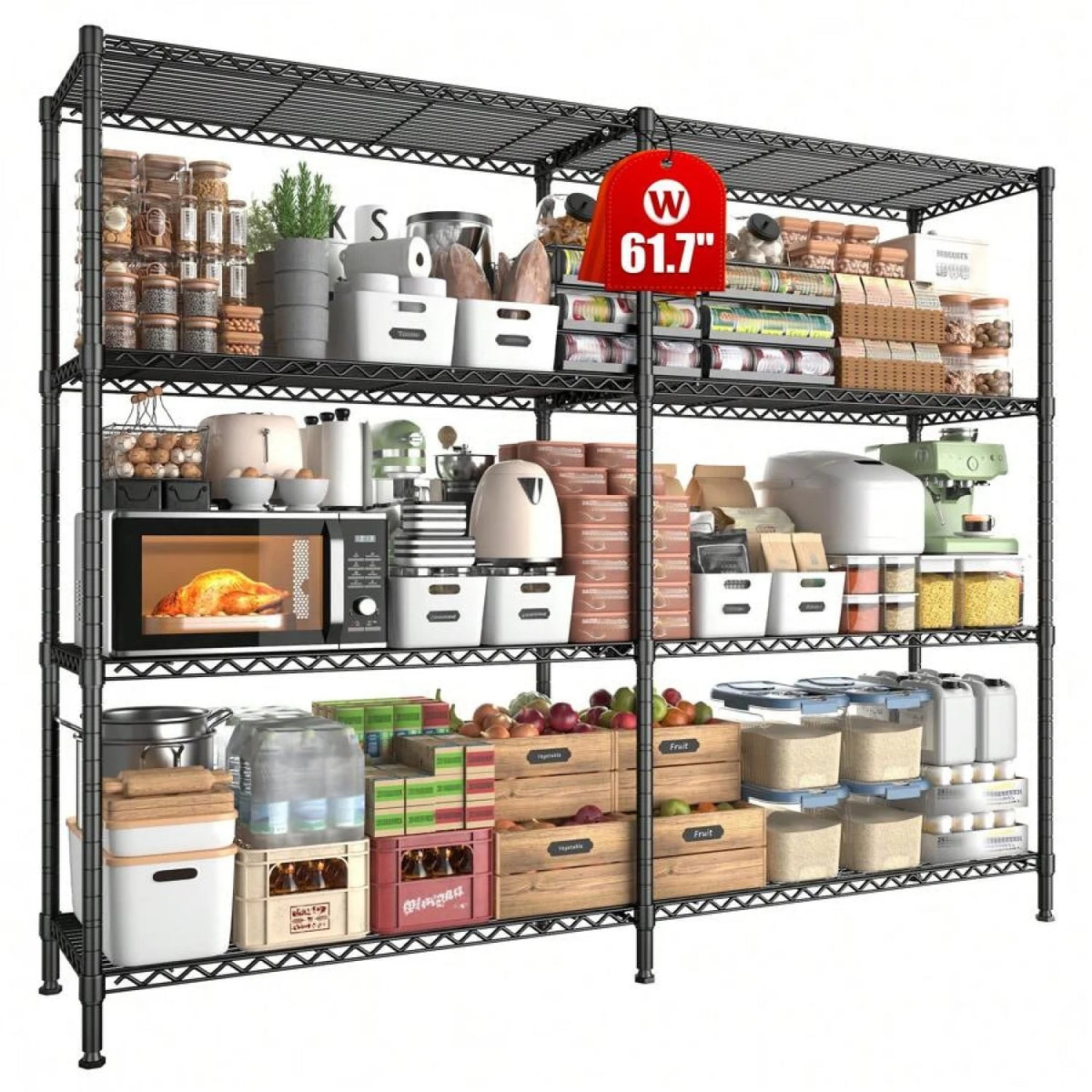 NTGFU 1500 LBS Storage Shelves, 61.7"W Wire Shelving Unit, 5 Tier Metal Shelving for Storage, Rack Shelves for Storage, Heavy Duty Garage Shelf, Pantry Shelves, Kitchen Shelving