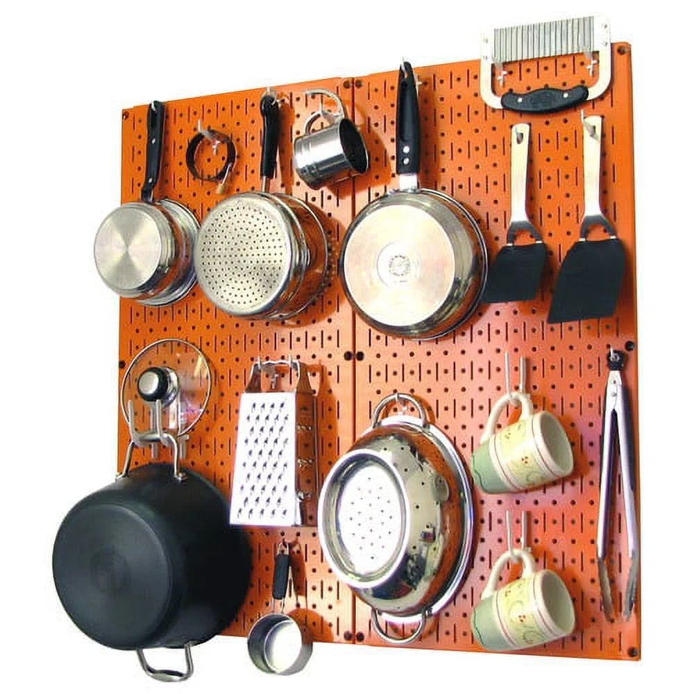 Wall Control Kitchen Pegboard Organizer Pots and Pans Pegboard Pack Storage and Organization Kit with Orange Pegboard and Blue Accessories
