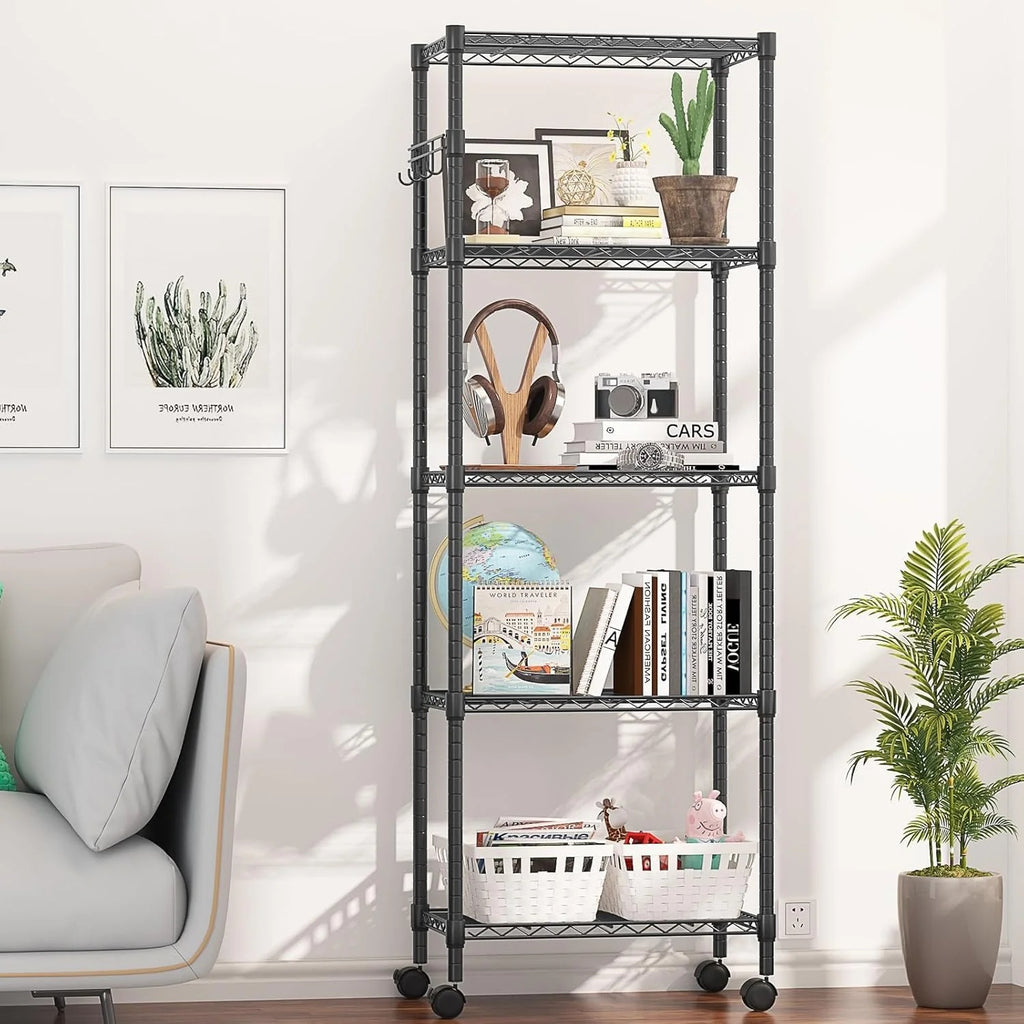 5-Tier Storage Shelf Wire Shelving Unit on Wheels, Adjustable Heavy Duty Metal Shelves with Side Hooks, Steel Rack Organization for Kitchen Garage Basement, Silver