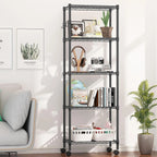 5-Tier Storage Shelf Wire Shelving Unit on Wheels, Adjustable Heavy Duty Metal Shelves with Side Hooks, Steel Rack Organization for Kitchen Garage Basement, Silver