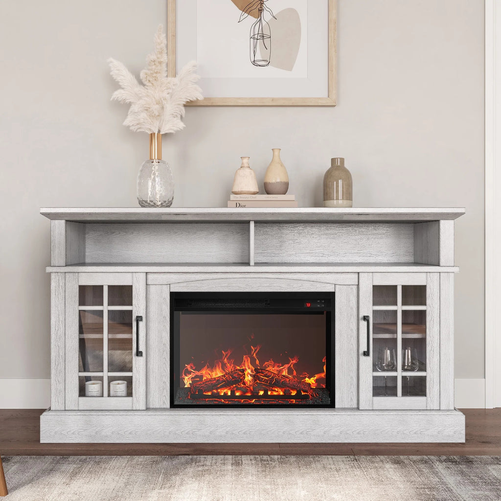 BELLEZE 58" TV Stand with 23" Electric Fireplace, Fireplace TV Console for TVs up to 65", Home Entertainment Center with Storage Cabinet and Adjustable Shelves - Astorga (Gray Wash)