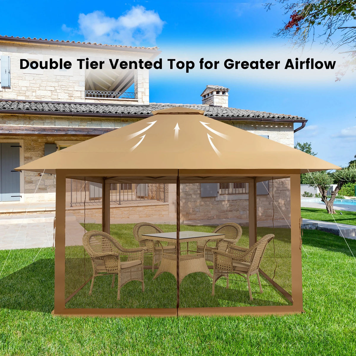 Costway 13x13ft Pop-up Instant Canopy Tent Mesh Sidewall UV50+ Adjust Outdoor Patio Khaki