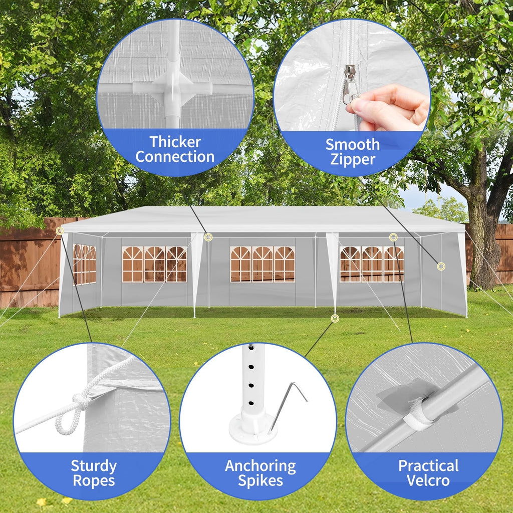 10'x30' Outdoor Party Tent with 8 Removable Sidewalls, Waterproof White Canopy Wedding Gazebo for Backyard, Patio, Camping & Events
