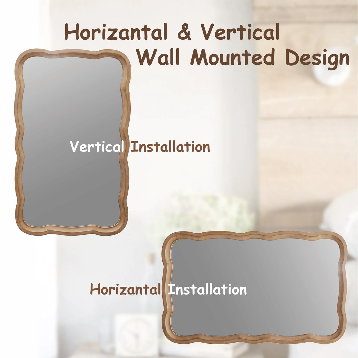 Curved Scallop Wood Frame Accent Mirror, Modern Decorative Wall Mirror for Living Room, Bedroom and Entryway