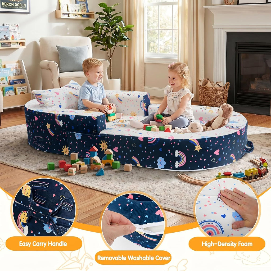 2-in-1 Toddler Travel Bed, Portable Foldable Toddler Floor Bed Converts to Soft Sofa, Kids Travel Couch with Removable Washable Cover, Ideal for Camping, Picnic, Hotel & Sleepovers