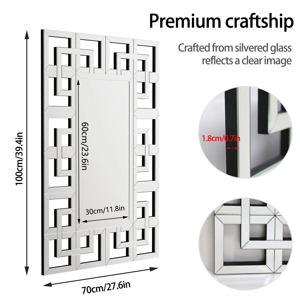 Large Silver Geometric Wall Mirror, Modern Decorative Accent Mirror for Living Room, Bedroom and Entryway