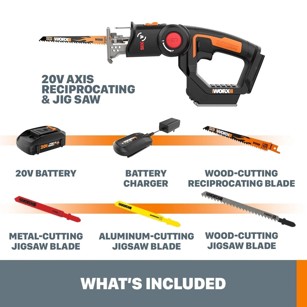 Worx WX550L 20V Power Share Axis Cordless Reciprocating & Jig Saw (Battery & Charger Included)