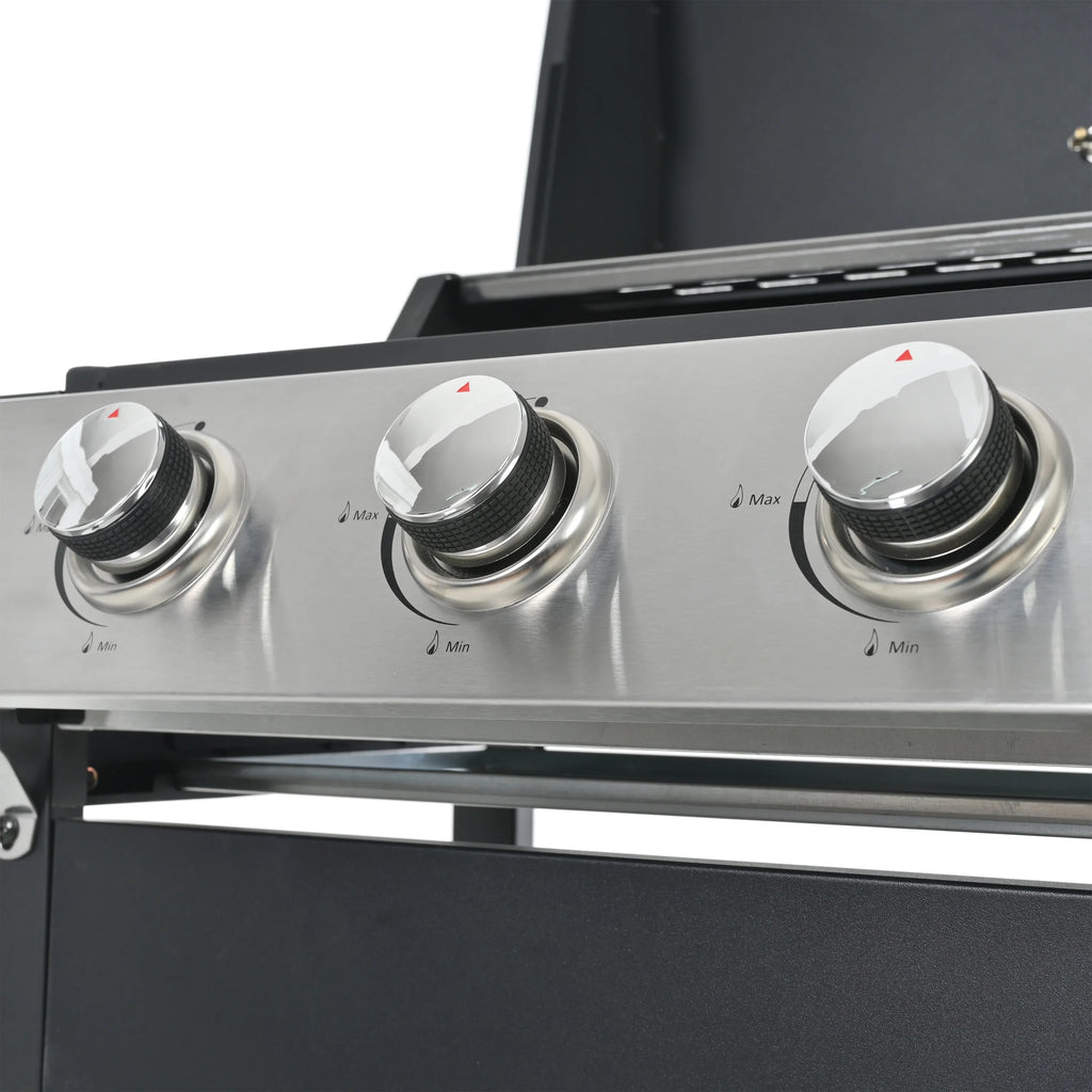 3 Burner BBQ Propane Gas Grill, Stainless Steel 30,000 BTU Patio Garden Barbecue Grill with Two Foldable Shelves