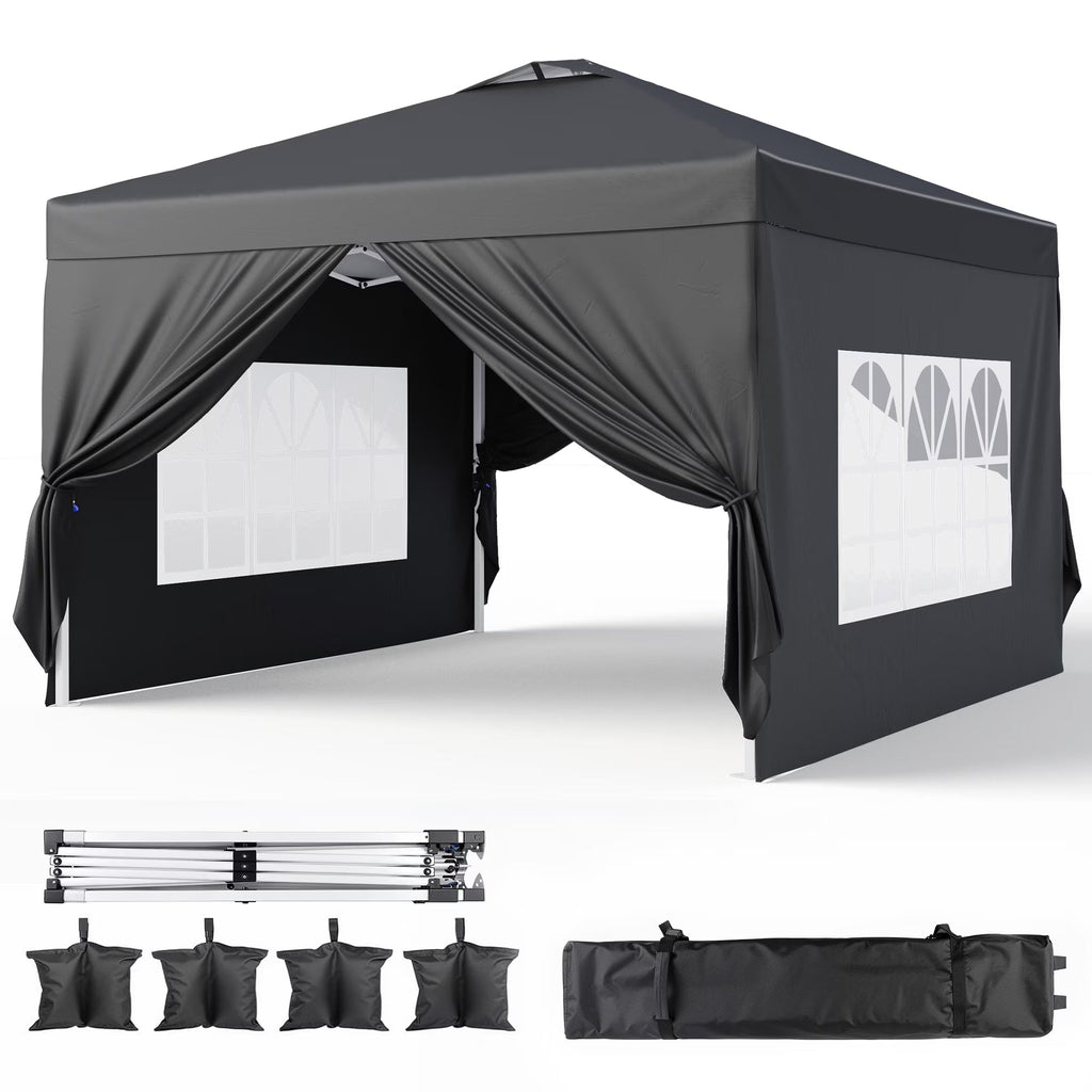 10'x10' Pop-up Canopy Tent with 4 Removable Sidewalls -?Lofka   Portable Outdoor Canopy with 4 Sandbags, 8 Stakes & Ropes -?Perfect for Beach, Party, Patio & Yard Events, Black