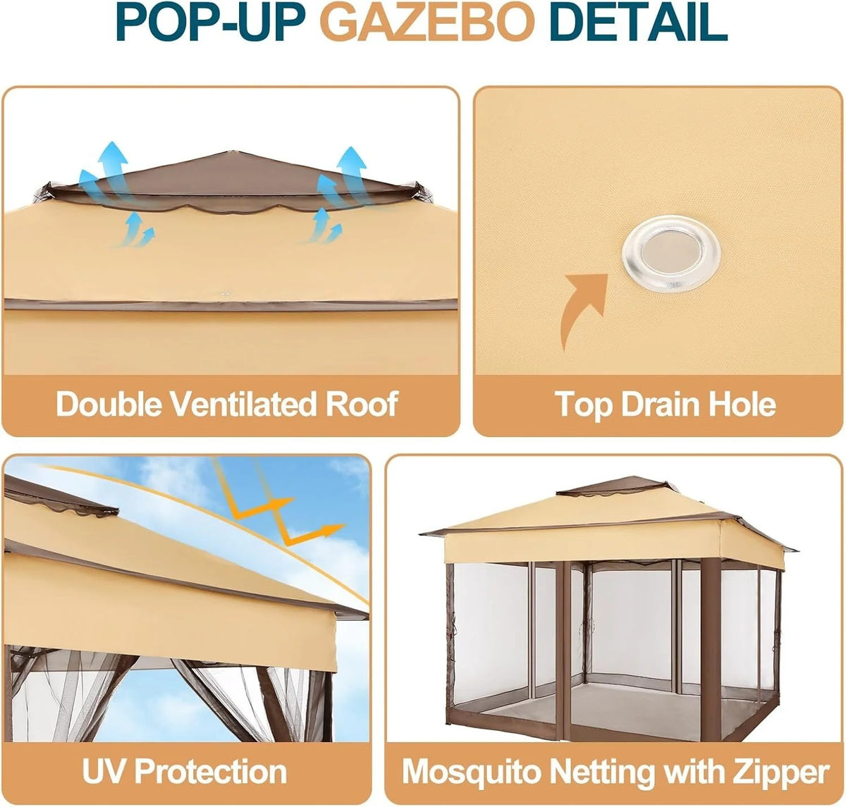 COBIZI 11x11 Pop up Gazebo Outdoor Canopy Gazebo Patio Gazebo with Mosquito Netting Canopy Shelter with 121 Square feet of Shade for Poolside, Garden, Party and Backyard, Khaki
