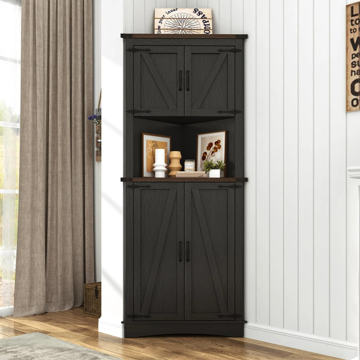 Blotout 68" Tall Farmhouse Corner Cabinet with 4 Doors, 28.3" W Barn Door Storage Cabinet with Adjustable Shelves, 5 Tier Corner Storage Cabinet for Bathroom,Living Room,Kitchen