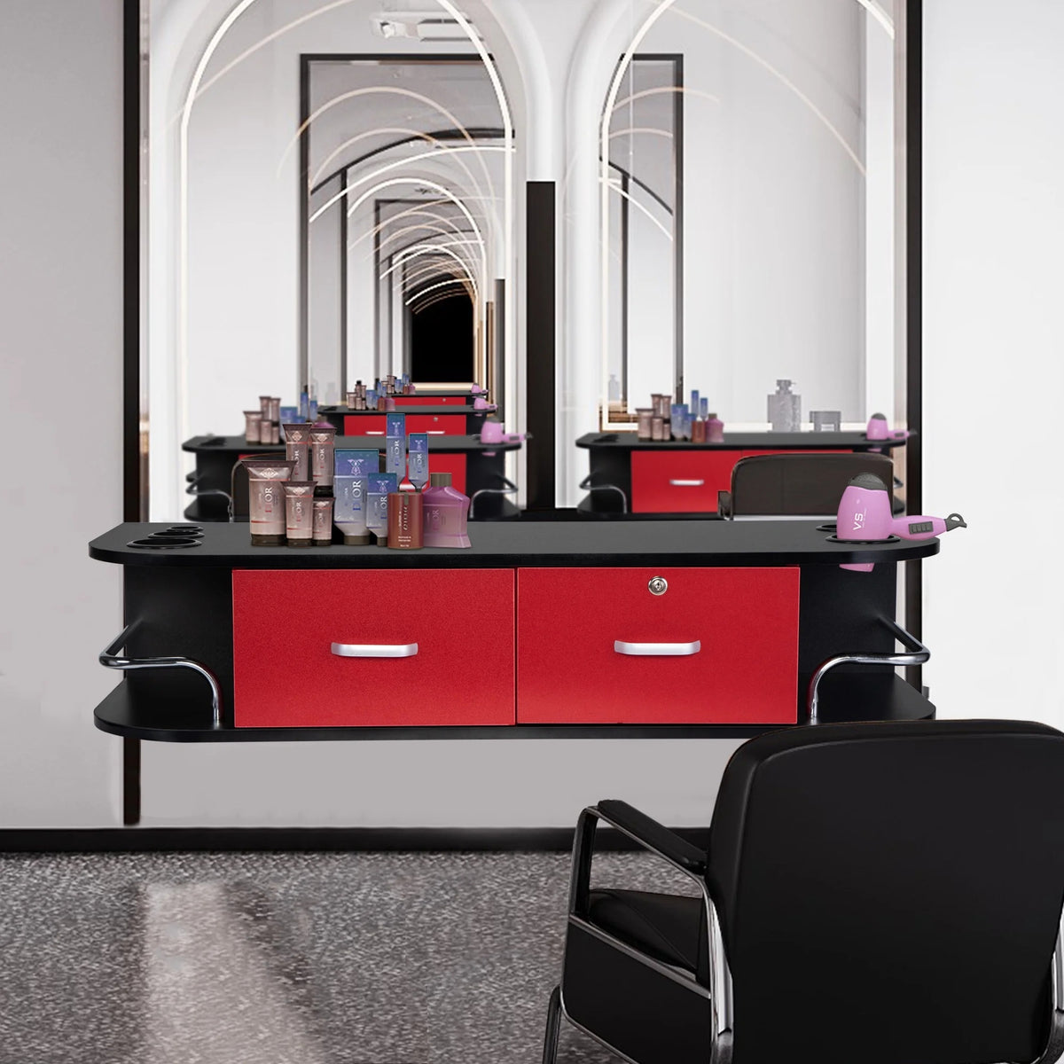 RESHABLE Modern Wall-Mounted Salon Station Barber Cabinet with Locking Drawer Storage Table for Hair Stylist Black