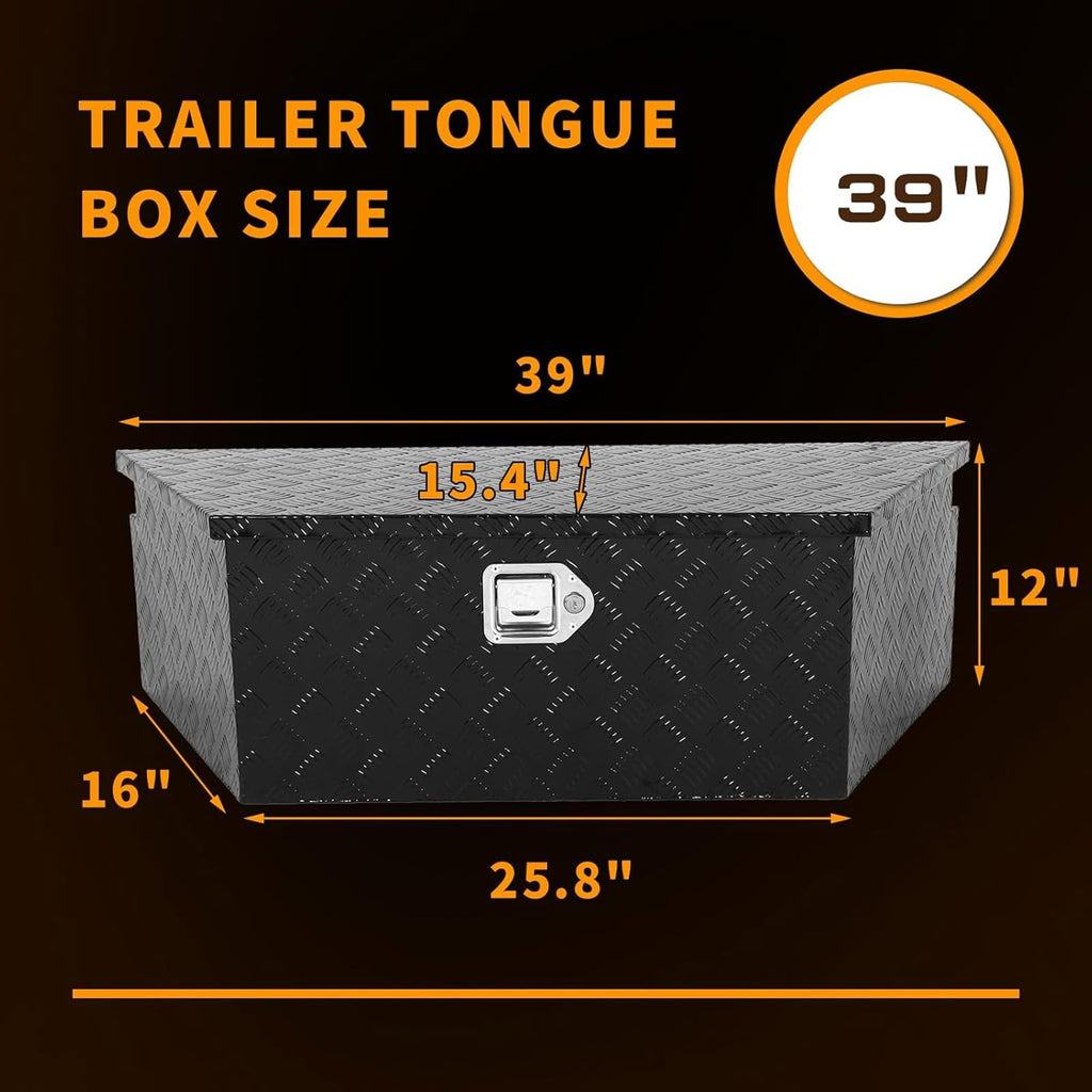 39 inch Trailer Tongue Box,Aluminum Trailer Tool Box for Storage,Trailer Box w/Lock and Keys,Heavy Duty Waterproof Black Box - 39 X 15 X 12 inch