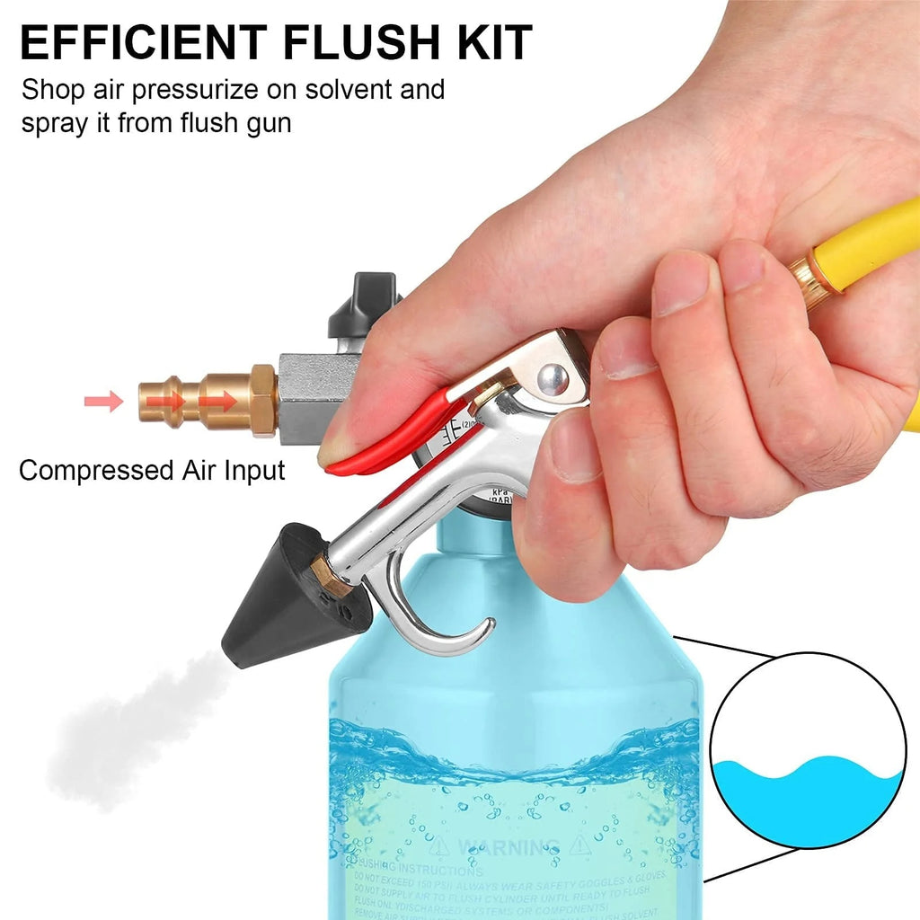 Furvclv AC Flush Kit, Car Air Conditioner System Clean Canister Flushing Tool Set Air Conditioning Pipe Cleaning Bottle for Auto R12 R22 R134A R404 R410A with 220PSI Gauge, Air Plug Fittings and Hose