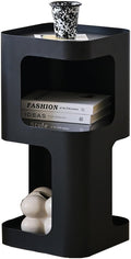 Modern Side Table with Storage for Sofa and Couch, Small End Table for Living Room and Bedroom, Black Metal Nightstand with Open Shelves, No Assembly Required