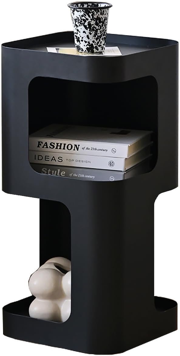 Modern Side Table with Storage for Sofa and Couch, Small End Table for Living Room and Bedroom, Black Metal Nightstand with Open Shelves, No Assembly Required