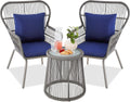 3-Piece Patio Conversation Bistro Set, Outdoor All-Weather Wicker Furniture for Porch, Backyard w/ 2 Wide Ergonomic Chairs, Cushions, Glass Top Side Table - Gray/Navy