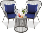 3-Piece Patio Conversation Bistro Set, Outdoor All-Weather Wicker Furniture for Porch, Backyard w/ 2 Wide Ergonomic Chairs, Cushions, Glass Top Side Table - Gray/Navy