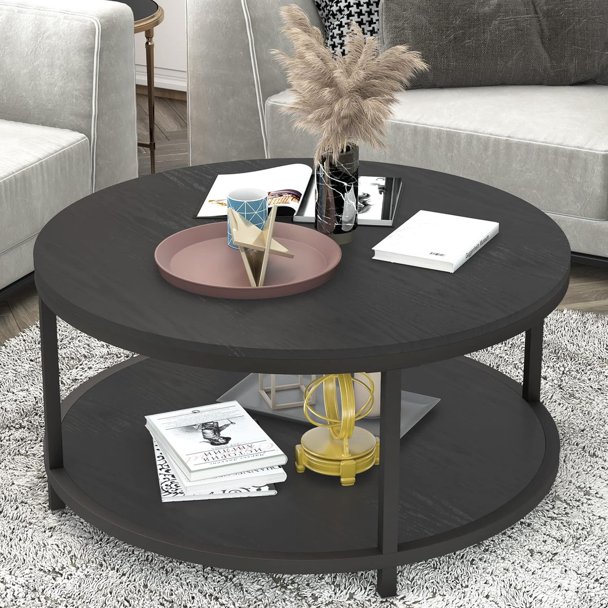 Round Coffee Table, 36" Coffee Table for Living Room, 2-Tier Rustic Wood Desktop with Storage Shelf, Modern Design Home Furniture (Light Walnut)