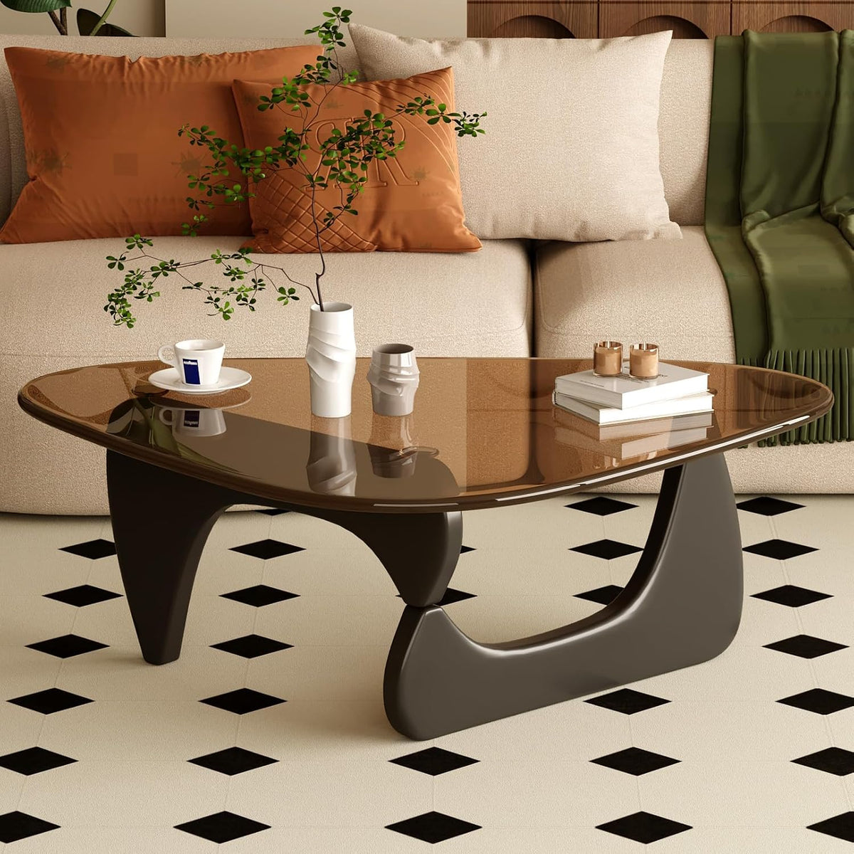 Coffee Table for Living Room Mid Century Modern Center Table with Glass Top and Wood, 32 Inch, Brown/Walnut
