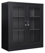 saney Black Metal Storage Cabinet with Doors and Shelves,Glass Cabinet Display Cabinet with Glass Doors,Office Cabinet with Storage Shelves and Double Doors, for Garage and Utility Room, Home Office
