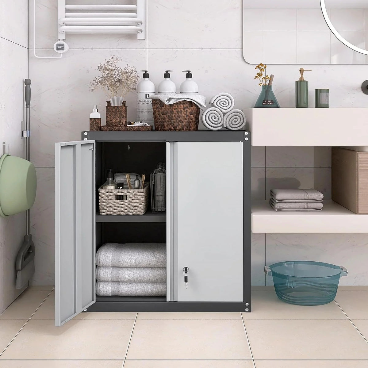 Garage Storage Cabinets Wall Mounted, 28-H Wall Cabinet Storage for Tools, Metal Cabinets with Doors and Shelves, Locking Wall Cabinet, Floating Garage Tool Cabinet for Warehouse