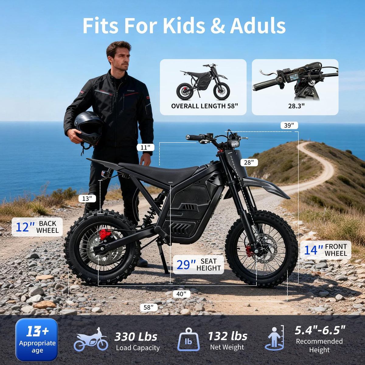 Electric Dirt Bike for Teens & Adults, 48V 20.8Ah 230Nm 40 Miles Range