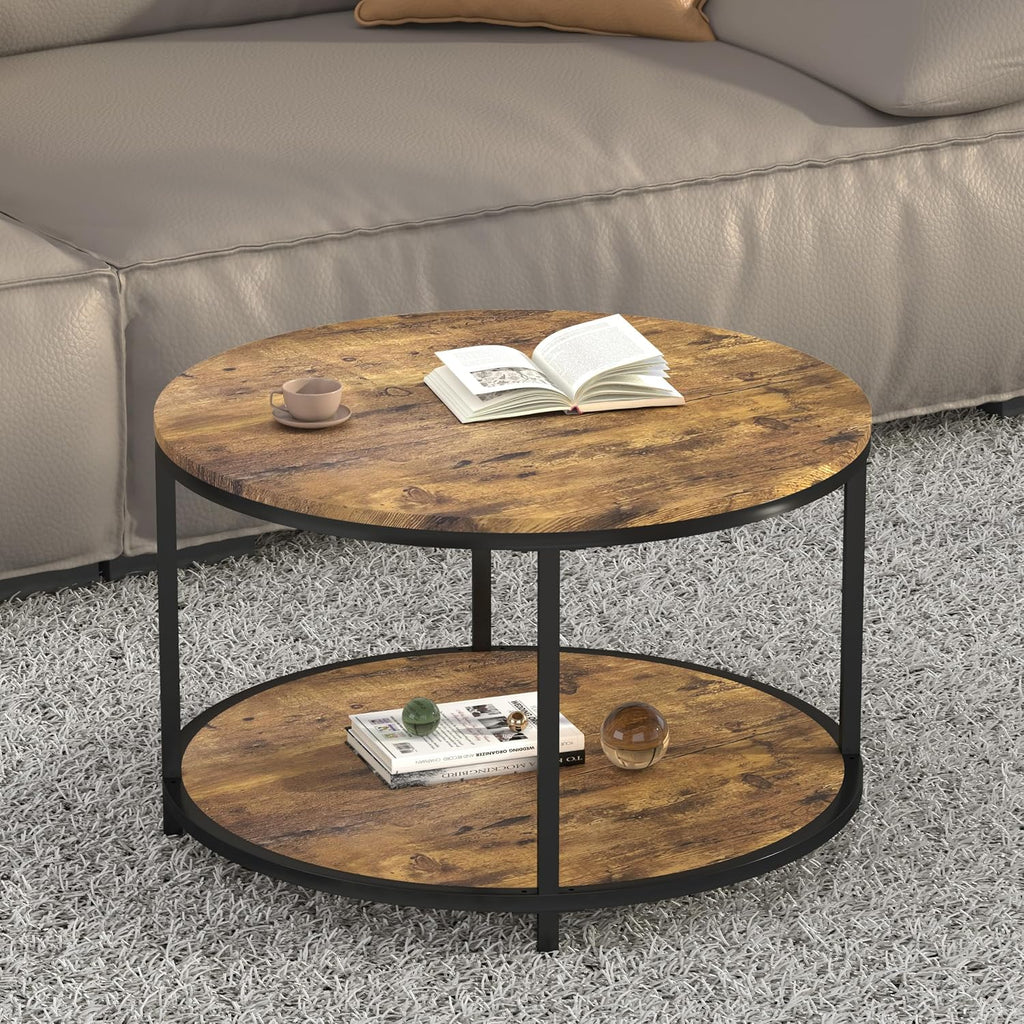 Round Coffee Table, 36" Coffee Table for Living Room, 2-Tier Rustic Wood Desktop with Storage Shelf, Modern Design Home Furniture (Light Walnut)