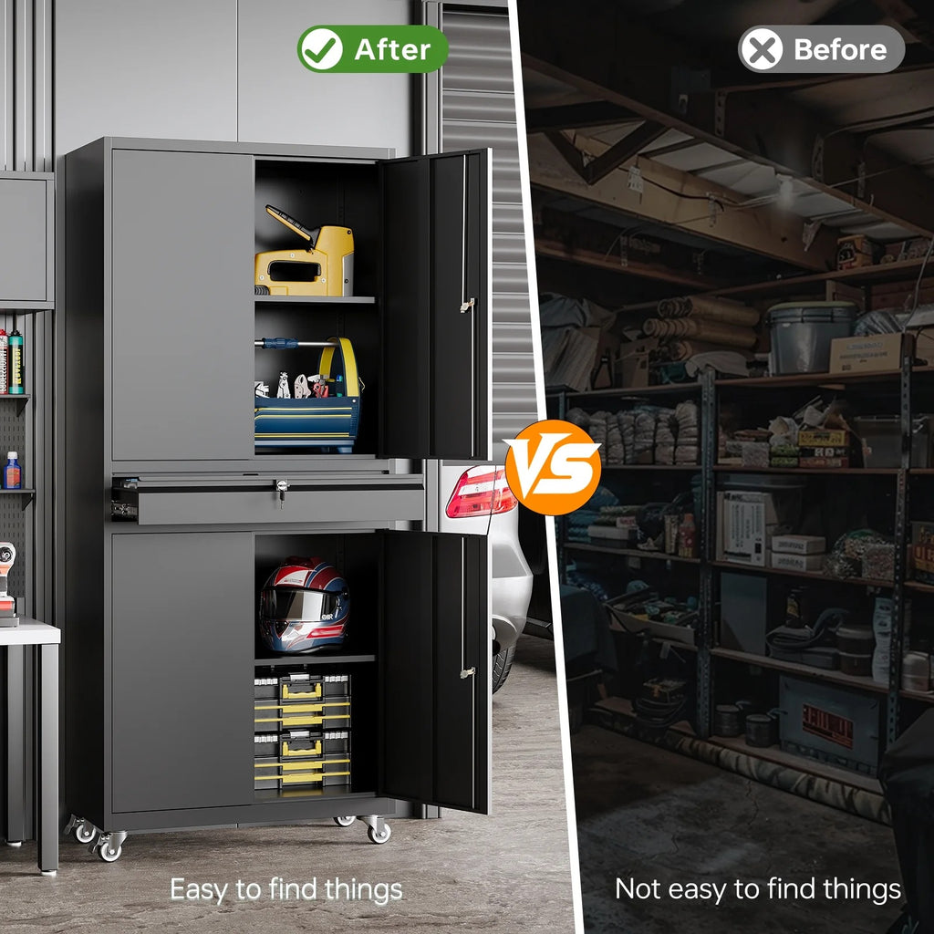 STANI Metal Garage Storage Cabinets with Drawer, 4 Doors Tool Storage Cabinet with 2 Adjustable Shelves, 73"H Rolling Steel Locking Cabinet for Garage Utility Room Home Office (Black, 4 Wheel)